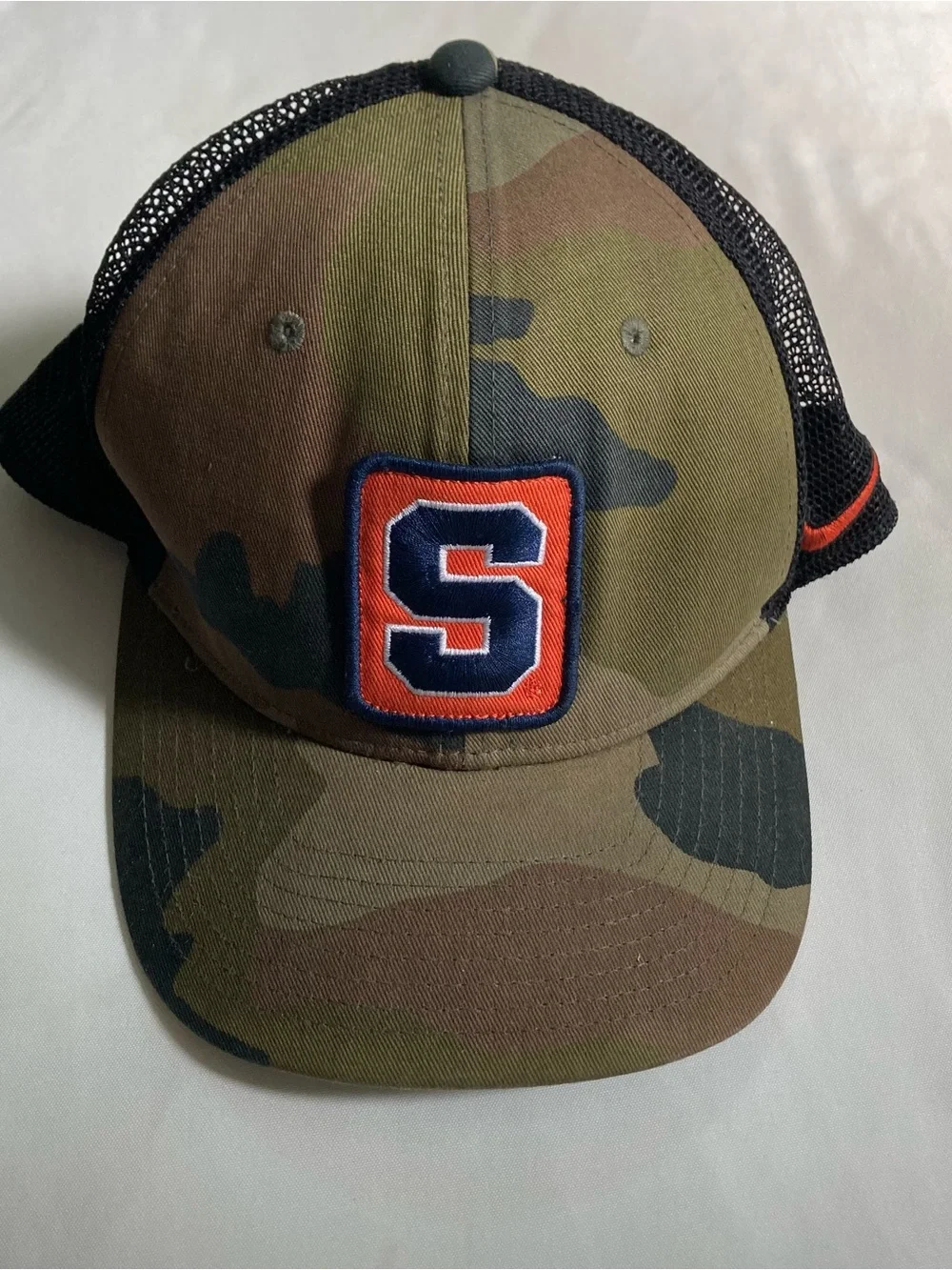 Nike Syravuse Camo Trucker Hat with Orange & Navy 'S' Patch gameday college Gorp